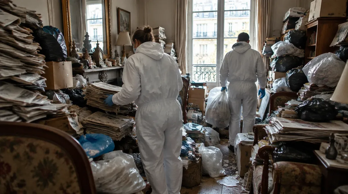 Salon d'un appartement parisien envahi de piles de journaux, sacs et cartons ; deux intervenants en combinaison blanche, vus de dos, commencent le tri devant la fenêtre