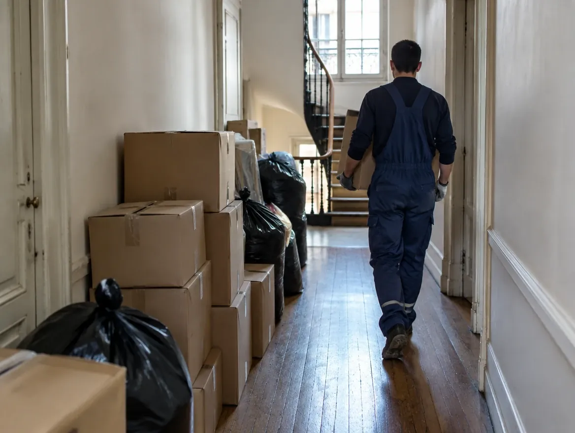 Couloir d'un appartement ancien bordé de cartons et de sacs ; un intervenant en bleu de travail, vu de dos, porte un carton vers l'escalier