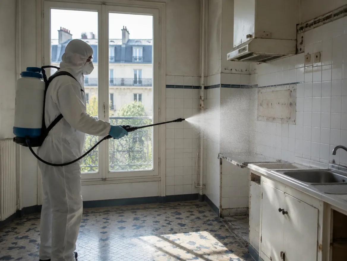 Technicien en combinaison et masque pulvérisant un désinfectant dans une cuisine vidée, carrelage blanc et fenêtre sur des façades parisiennes