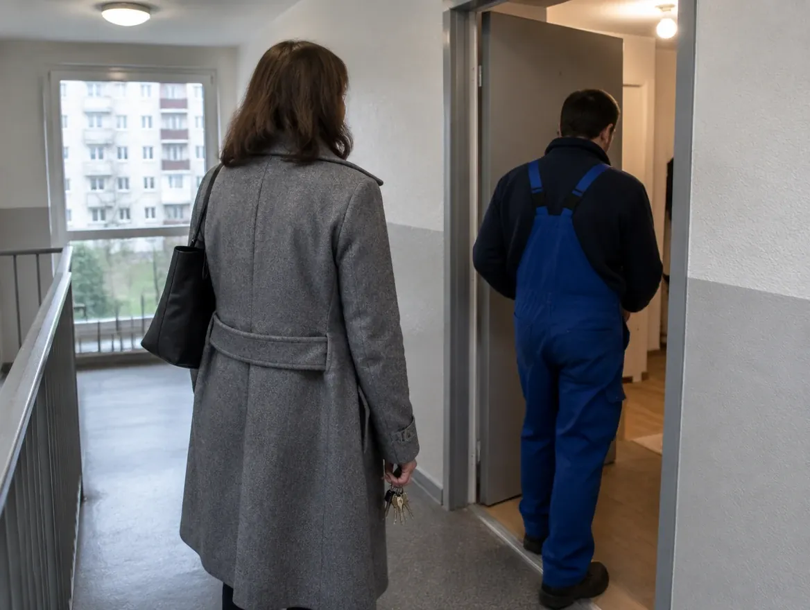 Palier d'un immeuble collectif : une gestionnaire en manteau gris avec des clés et un intervenant en bleu, vus de dos, à la porte ouverte d'un appartement