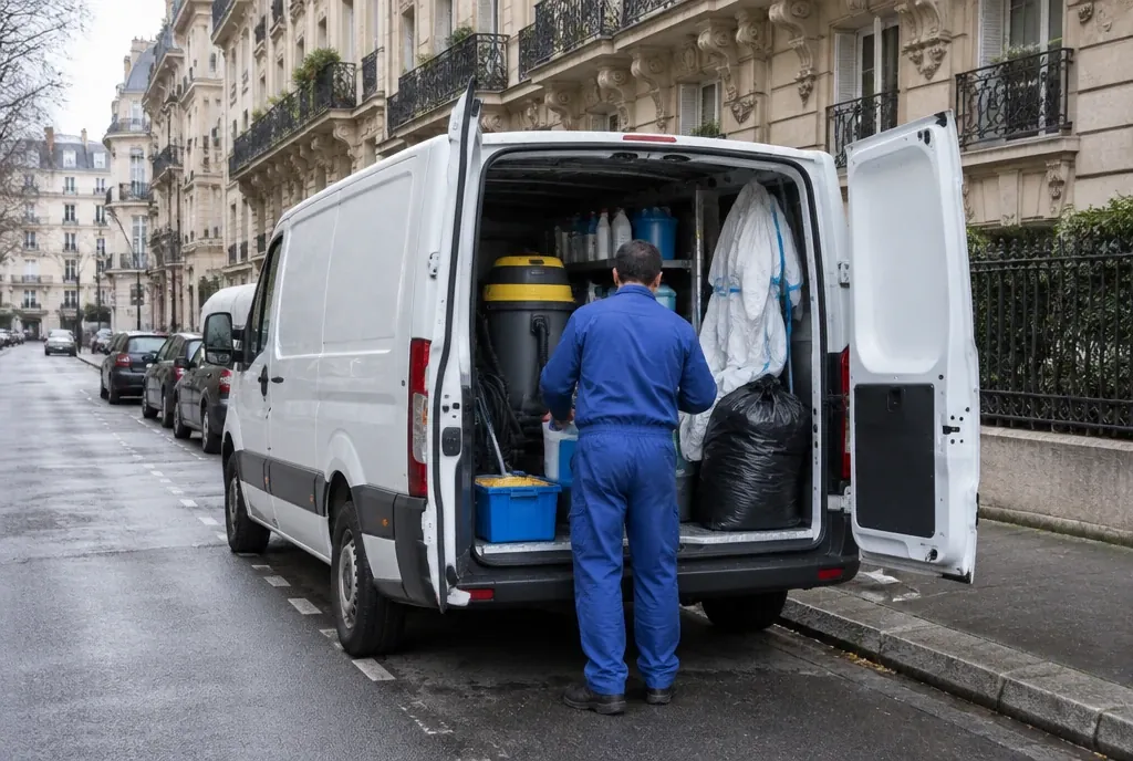 Utilitaire blanc sans marquage garé dans une rue parisienne, portes arrière ouvertes ; un intervenant en bleu décharge du matériel et des sacs