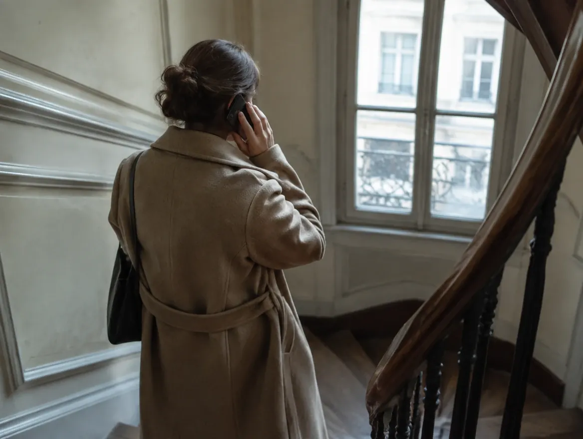 Femme en manteau beige, vue de dos, téléphonant dans la cage d'escalier d'un immeuble ancien près d'une fenêtre