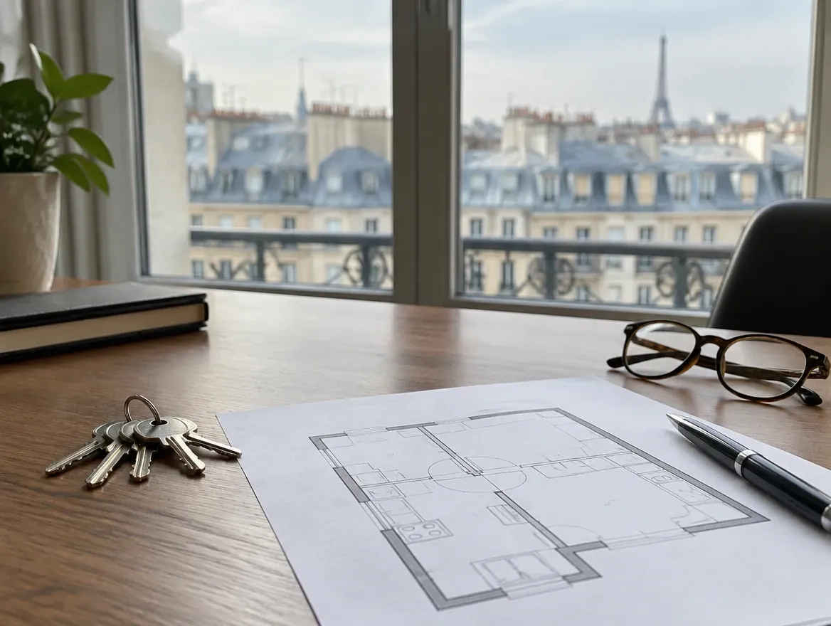 Bureau d'un gestionnaire : trousseau de clés, plan d'appartement, lunettes et stylo devant une fenêtre donnant sur les toits de Paris