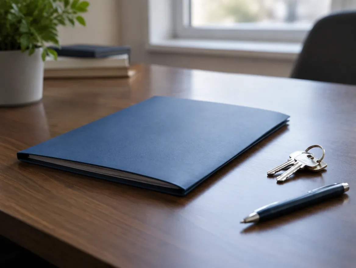 Dossier cartonné bleu fermé, trousseau de clés et stylo sur un bureau en bois, lumière douce de fenêtre