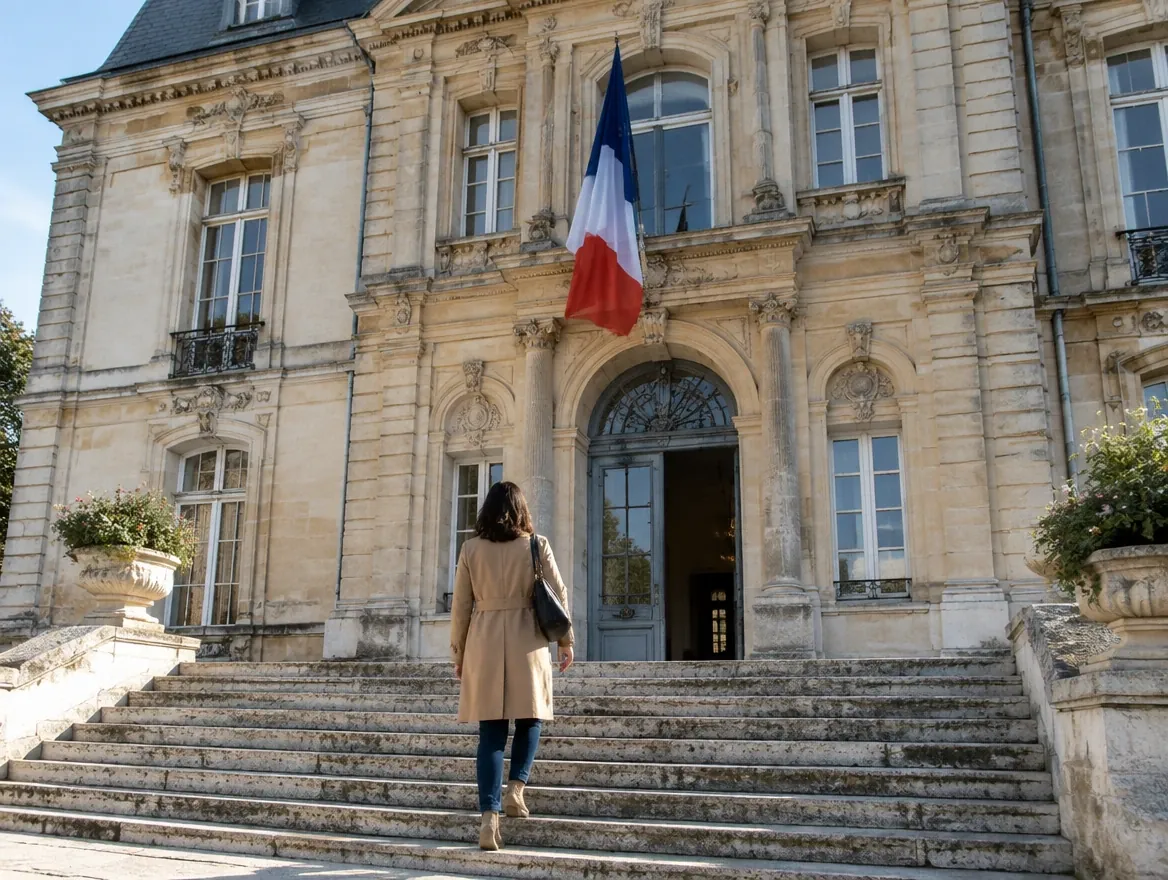 Façade en pierre d'une mairie française avec drapeau tricolore ; une personne vue de dos monte les marches du perron
